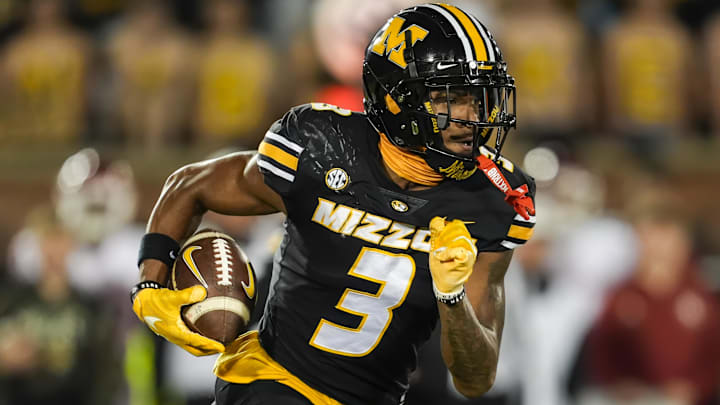 Nov 9, 2024; Columbia, Missouri, USA; Missouri Tigers wide receiver Luther Burden III (3) runs with the ball during the first half against the Oklahoma Sooners at Faurot Field at Memorial Stadium. Nov 9, 2024; Columbia, Missouri, USA; Missouri Tigers wide receiver Luther Burden III (3) runs with the ball during the first half against the Oklahoma Sooners at Faurot Field at Memorial Stadium.