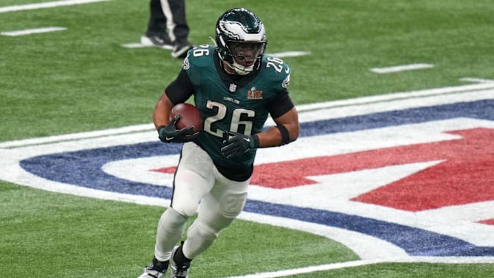 Feb 9, 2025; New Orleans, LA, USA; Philadelphia Eagles running back Saquon Barkley (26) rushes the ball against the Kansas City Chiefs during the third quarter in Super Bowl LIX  at Caesars Superdome. Mandatory Credit: Kirby Lee-Imagn Images