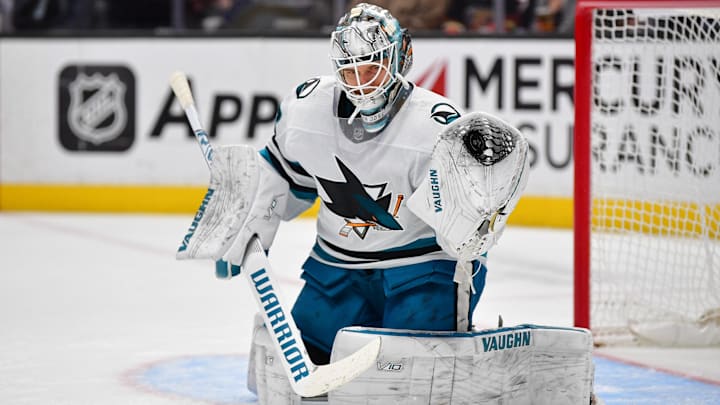 Jan 31, 2024; Anaheim, California, USA; San Jose Sharks goaltender Kaapo Kahkonen (36) defends the