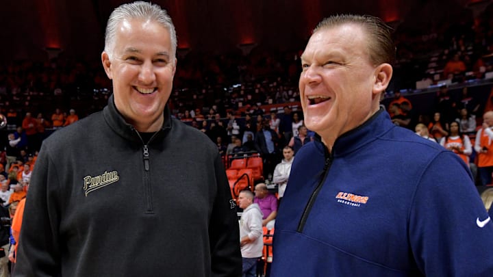 Mar 5, 2024; Champaign, Illinois, USA; Purdue Boilermakers head coach Matt Painter and Illinois Fighting Illini head coach Brad Underwood chat before the start of the game at State Farm Center. Mandatory Credit: Ron Johnson-Imagn Images