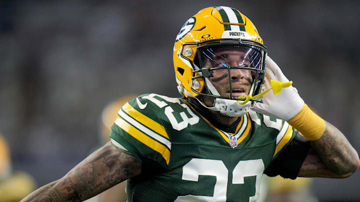 Green Bay Packers cornerback Jaire Alexander (23) reacts after intercepting a pass during the first quarter of the wild card playoff game against the Dallas Cowboys Sunday, January 14, 2024 at AT&T Stadium in Arlington, Texas.