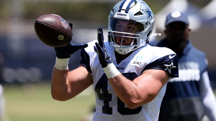 Dallas Cowboys running back Hunter Luepke makes a catch during training camp at the River Ridge Playing Fields in Oxnard Dallas Cowboys running back Hunter Luepke makes a catch during training camp at the River Ridge Playing Fields in Oxnard