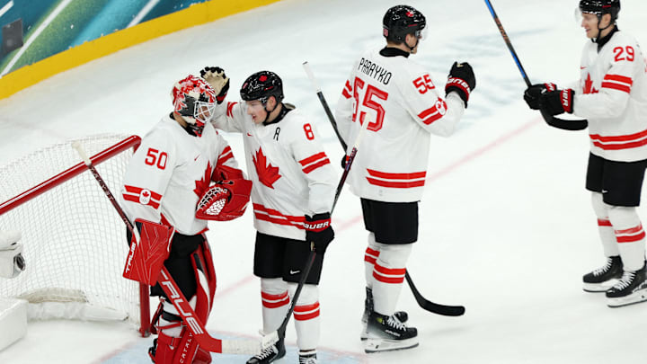 [US, Mexico & Canada customers only] Feb 12, 2026; Milan, Italy; Jordan Binnington of Canada celebrates with teammates after defeating Czechia in a men's ice hockey Group A match during the Milano Cortina 2026 Olympic Winter Games at Milano Santagiulia Ice Hockey Arena. Mandatory Credit: Mike Segar/Reuters via Imagn Images