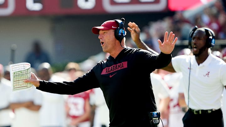 Nov 16, 2024; Tuscaloosa, AL, USA; Alabama Crimson Tide head coach Kalen DeBoer protests a personal foul call against Alabama during the game with Mercer at Bryant-Denny Stadium. Mandatory Credit: Gary Cosby Jr.-Tuscaloosa News