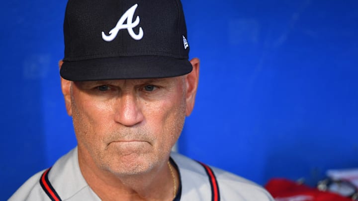 Atlanta Braves manager Brian Snitker (43) in the dugout against the Philadelphia Phillies at Citizens Bank Park.