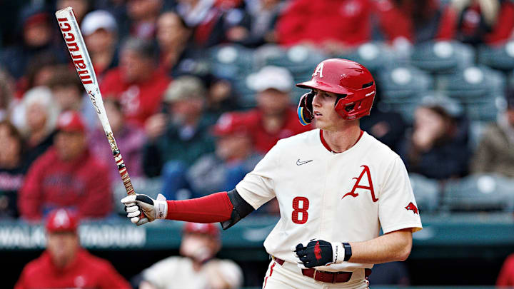 Jace Bohrofen prepares to bat for the University of Arkansas in 2023.