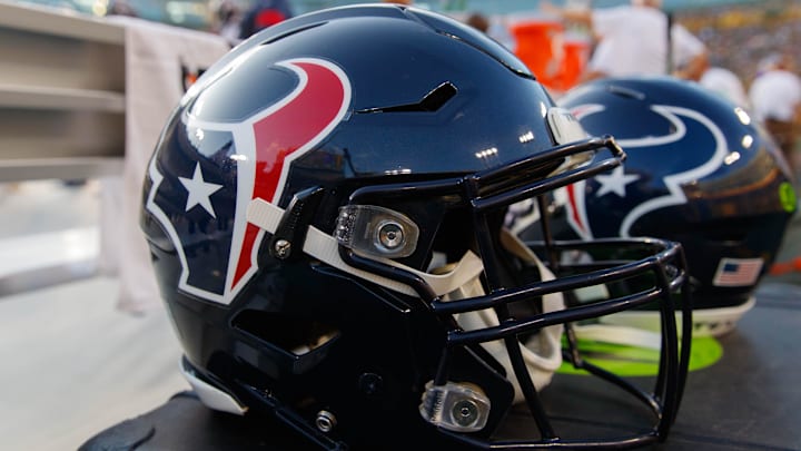 Aug 8, 2019; Green Bay, WI, USA; A Houston Texans helmet sits on the sidelines during the game against the Green Bay Packers at Lambeau Field. Mandatory Credit: Jeff Hanisch-Imagn Images