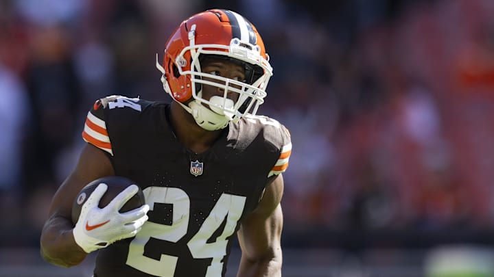 Oct 20, 2024; Cleveland, Ohio, USA; Cleveland Browns running back Nick Chubb (24) runs the ball during warmups before the game against the Cincinnati Bengals at Huntington Bank Field. Mandatory Credit: Scott Galvin-Imagn Images