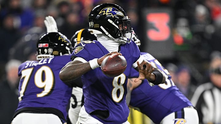 Baltimore Ravens quarterback Lamar Jackson (8) passes in the second quarter against the Pittsburgh Steelers in an AFC Wild Card game at M&T Bank Stadium. 