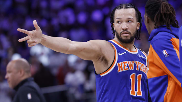May 1, 2025; Detroit, Michigan, USA; New York Knicks guard Jalen Brunson (11) celebrates his three point basket in the fourth quarter against the Detroit Pistons during game six of first round for the 2024 NBA Playoffs at Little Caesars Arena. Mandatory Credit: Rick Osentoski-Imagn Images