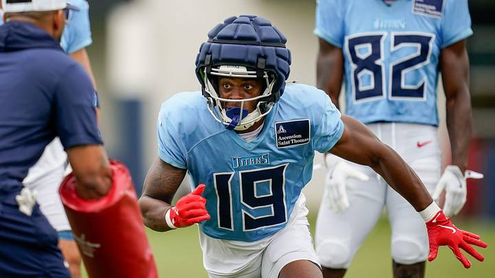 Tennessee Titans wide receiver Jha'Quan Jackson (19) runs a drill during an NFL football training camp practice at Ascension Saint Thomas Sports Park in Nashville, Tenn., Sunday, Aug. 3, 2025.