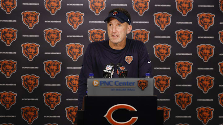 Jul 23, 2025; Lake Forest, IL, USA; Chicago Bears defensive coordinator Dennis Allen speaks during training camp at Halas Hall. Mandatory Credit: Kamil Krzaczynski-Imagn Images