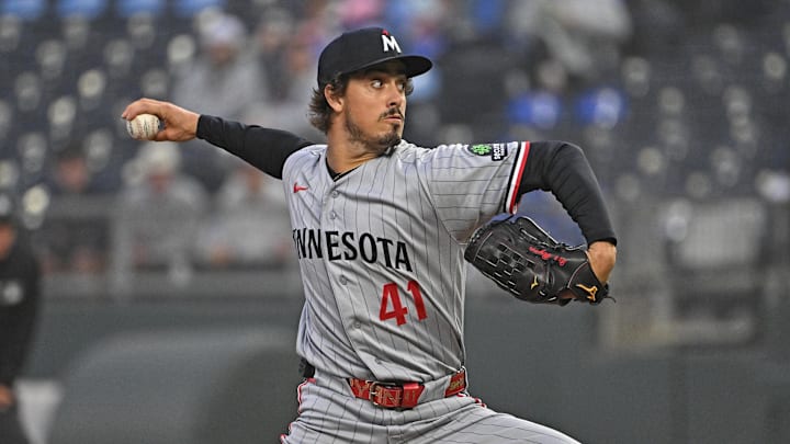 Apr 1, 2026; Kansas City, Missouri, USA;  Minnesota Twins starting pitcher Joe Ryan (41) throws a pitch in the first inning against the Kansas City Royals at Kauffman Stadium. 