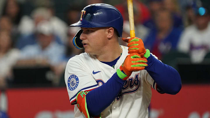 May 17, 2025; Arlington, Texas, USA; Texas Rangers first baseman Joc Pederson (4) bats during the second inning against the Houston Astros at Globe Life Field May 17, 2025; Arlington, Texas, USA; Texas Rangers first baseman Joc Pederson (4) bats during the second inning against the Houston Astros at Globe Life Field