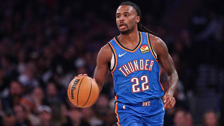 Mar 4, 2026; New York, New York, USA; Oklahoma City Thunder guard Cason Wallace (22) dribbles up court against the New York Knicks during the first half at Madison Square Garden. Mandatory Credit: Vincent Carchietta-Imagn Images Mar 4, 2026; New York, New York, USA; Oklahoma City Thunder guard Cason Wallace (22) dribbles up court against the New York Knicks during the first half at Madison Square Garden. Mandatory Credit: Vincent Carchietta-Imagn Images