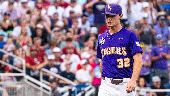 Kade Anderson (32) walks off the mound during the eighth inning against the Arkansas Razorbacks.
