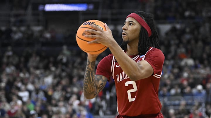 Mar 20, 2025; Providence, RI, USA;  Arkansas Razorbacks guard Boogie Fland (2) controls the ball during the second half against the Kansas Jayhawks at Amica Mutual Pavilion. Mandatory Credit: Eric Canha-Imagn Images