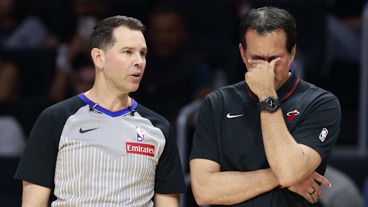 Mar 10, 2025; Miami, Florida, USA;  Miami Heat head coach Erik Spoelstra reacts to referee Brian Forte (45) against the Charlotte Hornets during the second half at Kaseya Center. Mandatory Credit: Rhona Wise-Imagn Images