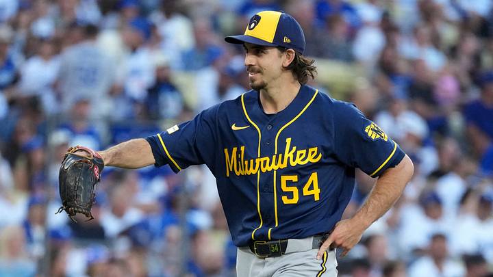 Oct 14, 2026; Los Angeles, California, USA; Milwaukee Brewers pitcher Robert Gasser (54) reacts after the first inning against the Los Angeles Dodgers in game three of the NLCS for the 2026 MLB Playoffs at Uniqlo Field at Dodger Stadium. Mandatory Credit: Kirby Lee-Imagn Images Oct 14, 2026; Los Angeles, California, USA; Milwaukee Brewers pitcher Robert Gasser (54) reacts after the first inning against the Los Angeles Dodgers in game three of the NLCS for the 2026 MLB Playoffs at Uniqlo Field at Dodger Stadium. Mandatory Credit: Kirby Lee-Imagn Images