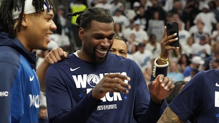 May 26, 2025; Minneapolis, Minnesota, USA; Minnesota Timberwolves center Naz Reid (11) reacts before the game against the Oklahoma City Thunder game four of the western conference finals for the 2025 NBA Playoffs at Target Center. May 26, 2025; Minneapolis, Minnesota, USA; Minnesota Timberwolves center Naz Reid (11) reacts before the game against the Oklahoma City Thunder game four of the western conference finals for the 2025 NBA Playoffs at Target Center.
