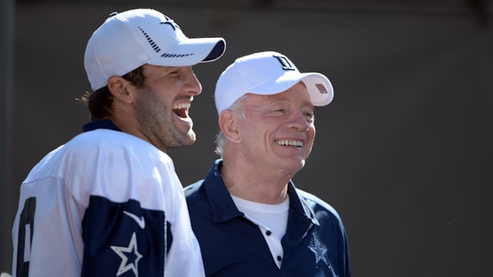 Dallas Cowboys owner Jerry Jones and quarterback Tony Romo at training camp. Dallas Cowboys owner Jerry Jones and quarterback Tony Romo at training camp.