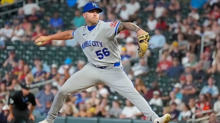 Jul 28, 2026; Minneapolis, Minnesota, USA; Kansas City Royals relief pitcher Alex Lange (56) throws to the Minnesota Twins in the ninth inning at Target Field. Mandatory Credit: Bruce Kluckhohn-Imagn Images Jul 28, 2026; Minneapolis, Minnesota, USA; Kansas City Royals relief pitcher Alex Lange (56) throws to the Minnesota Twins in the ninth inning at Target Field. Mandatory Credit: Bruce Kluckhohn-Imagn Images