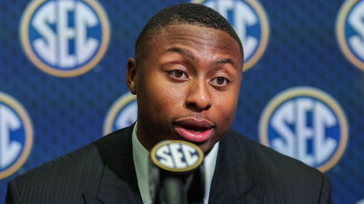 Jul 16, 2025; Atlanta, GA, USA; Florida State Gators quarterback DJ Lagway answers questions from the media during the SEC Media Days at Omni Atlanta Hotel. Mandatory Credit: Jordan Godfree-Imagn Images