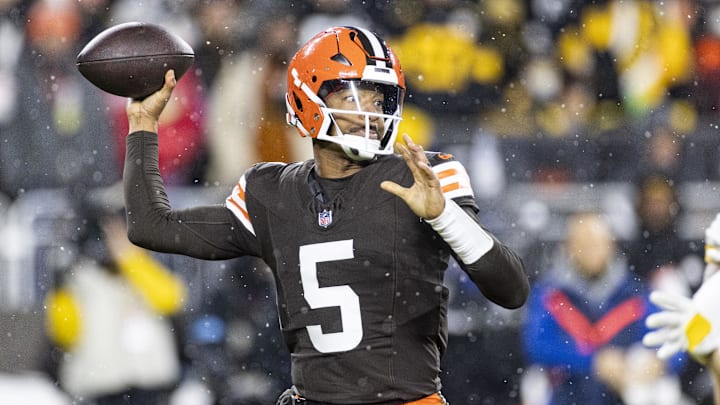 Nov 21, 2024; Cleveland, Ohio, USA; Cleveland Browns quarterback Jameis Winston (5) throws the ball during the second quarter against the Pittsburgh Steelers at Huntington Bank Field Stadium.