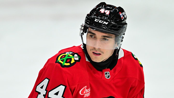 Nov 21, 2024; Chicago, Illinois, USA; Chicago Blackhawks defenseman Wyatt Kaiser (44) warms up against the Florida Panthers before the game at the United Center. Mandatory Credit: Daniel Bartel-Imagn Images