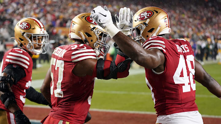 January 20, 2024; Santa Clara, CA, USA; San Francisco 49ers linebacker Dre Greenlaw (57) and