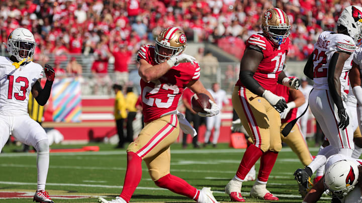 Oct 1, 2023; Santa Clara, California, USA; San Francisco 49ers running back Christian McCaffrey (23)