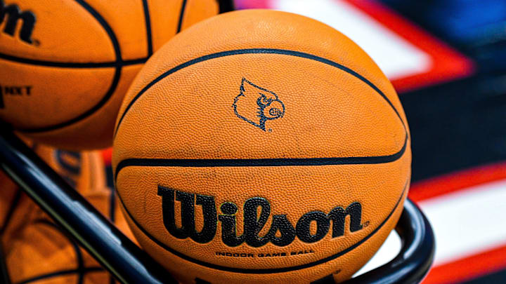 Basketball with a Louisville logo Basketball with a Louisville logo