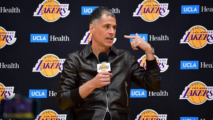 Feb 4, 2025; El Segundo, CA, USA; Los Angeles Lakers vice president of basketball operations and general manager Rob Pelinka introduced guard Luka Doncic at UCLA Health Training Center. Mandatory Credit: Gary A. Vasquez-Imagn Images Feb 4, 2025; El Segundo, CA, USA; Los Angeles Lakers vice president of basketball operations and general manager Rob Pelinka introduced guard Luka Doncic at UCLA Health Training Center. Mandatory Credit: Gary A. Vasquez-Imagn Images