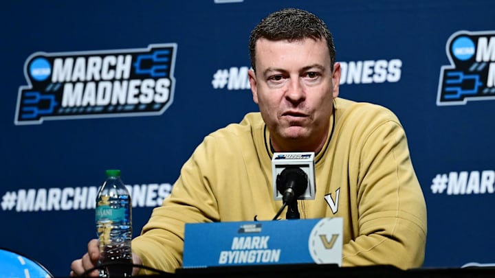 Vanderbilt Commodores head coach Mark Byington talks to the media before practice at Rocket Arena.