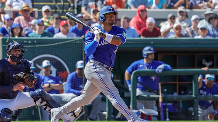 Feb 27, 2024; Lakeland, Florida, USA; Toronto Blue Jays third baseman Eduardo Escobar (3) looks on