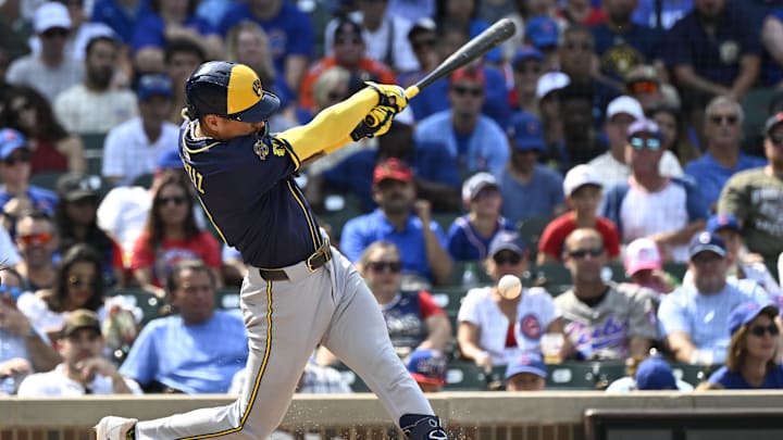 Aug 18, 2025; Chicago, Illinois, USA; Milwaukee Brewers shortstop Joey Ortiz (3) hits an RBI single during the sixth inning against th Chicago Cubs at Wrigley Field. Mandatory Credit: Matt Marton-Imagn Images Aug 18, 2025; Chicago, Illinois, USA; Milwaukee Brewers shortstop Joey Ortiz (3) hits an RBI single during the sixth inning against th Chicago Cubs at Wrigley Field. Mandatory Credit: Matt Marton-Imagn Images