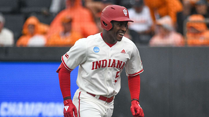 Indiana's Devin Taylor (5) smiles after hitting a home run during a NCAA Baseball Tournament Knoxville Regional game at Lindsey Nelson Stadium on Saturday, June 1, 2024 in Knoxville, Tenn. Indiana's Devin Taylor (5) smiles after hitting a home run during a NCAA Baseball Tournament Knoxville Regional game at Lindsey Nelson Stadium on Saturday, June 1, 2024 in Knoxville, Tenn.