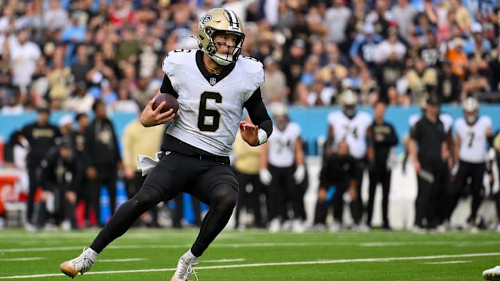 Dec 28, 2025; Nashville, Tennessee, USA;  New Orleans Saints quarterback Tyler Shough (6) runs with the ball against the Tennessee Titans during the second half at Nissan Stadium. Mandatory Credit: Steve Roberts-Imagn Images