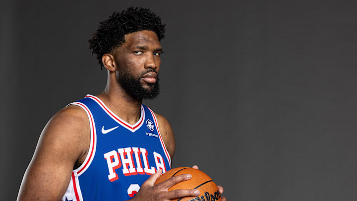 Sep 30, 2024; Camden, NJ, USA; Philadelphia 76ers center Joel Embiid (21) poses for a photo on media day at the Philadelphia 76ers Training Complex. Mandatory Credit: Bill Streicher-Imagn Images