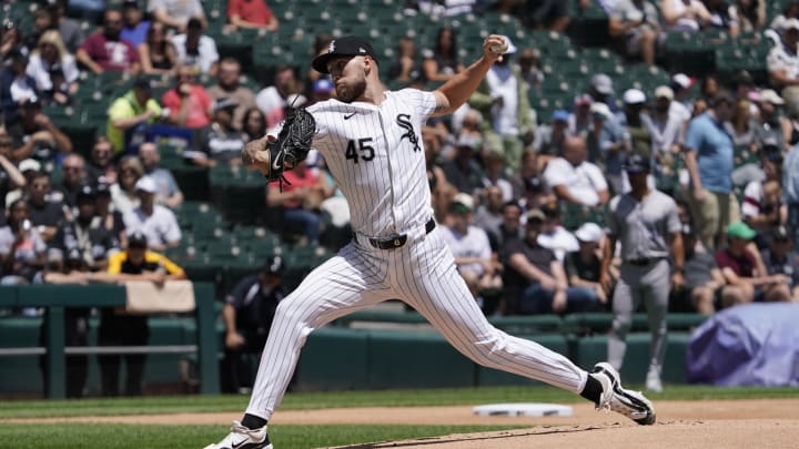 Jun 30, 2024; Chicago, Illinois, USA; Chicago White Sox pitcher Garrett Crochet (45) throws the ball against the Colorado Rockies during the first inning at Guaranteed Rate Field. Mandatory Credit: David Banks-USA TODAY Sports