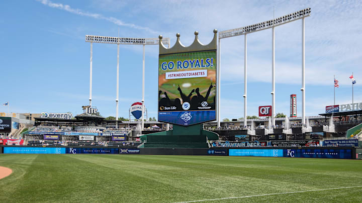 Jun 30, 2024; Kansas City, Missouri, USA; Crown scoreboard prior to the game between the Kansas City Royals and the Cleveland Guardians at Kauffman Stadium. Mandatory Credit: William Purnell-Imagn Images