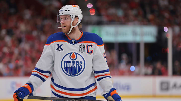 Jun 9, 2025; Sunrise, Florida, USA; Edmonton Oilers center Connor McDavid (97) looks on during the third period against the Florida Panthers in game three of the 2025 Stanley Cup Final at Amerant Bank Arena. Mandatory Credit: Sam Navarro-Imagn Images