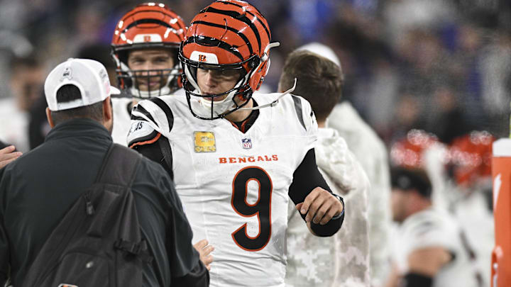 Nov 7, 2024; Baltimore, Maryland, USA; Cincinnati Bengals quarterback Joe Burrow (9) celebrates with teammates after throwing a touchdown  during the second half against the Baltimore Ravens   at M&T Bank Stadium. Mandatory Credit: Tommy Gilligan-Imagn