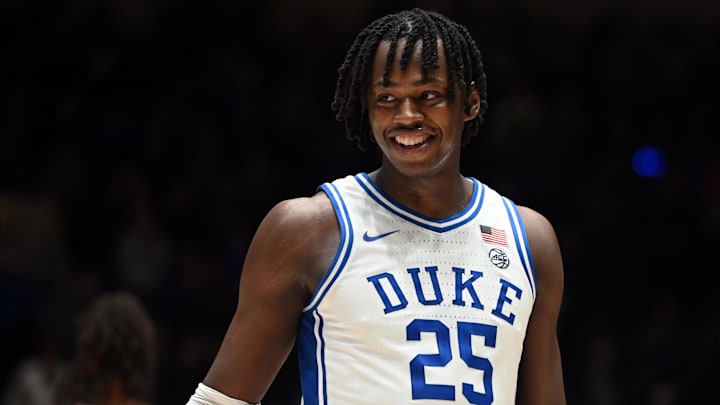 Jan 2, 2024; Durham, North Carolina, USA;  Duke Blue Devils forward Mark Mitchell (25) reacts