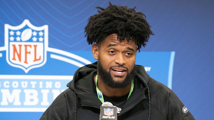 Feb 28, 2025; Indianapolis, IN, USA; Oregon wideout Traeshon Holden (WO19) answers questions at a press conference during the 2025 NFL Combine at Indiana Convention Center. Mandatory Credit: Stephanie Amador Blondet-Imagn Images Feb 28, 2025; Indianapolis, IN, USA; Oregon wideout Traeshon Holden (WO19) answers questions at a press conference during the 2025 NFL Combine at Indiana Convention Center. Mandatory Credit: Stephanie Amador Blondet-Imagn Images