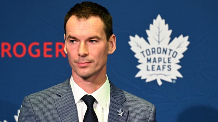 May 4, 2026; Toronto, Ontario, CANADA; Toronto Maple Leafs general manager John Chayka speaks to the media  at Real Sports Bar. Mandatory Credit: Dan Hamilton-Imagn Images