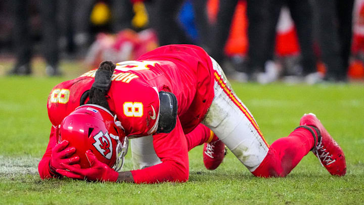 Nov 29, 2024; Kansas City, Missouri, USA; Kansas City Chiefs wide receiver DeAndre Hopkins (8) reacts after dropping a pass against the Las Vegas Raiders during the second half at GEHA Field at Arrowhead Stadium. Mandatory Credit: Denny Medley-Imagn Images