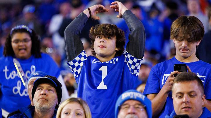 Oct 26, 2024; Lexington, Kentucky, USA; A Kentucky fan cheers on the Wildcats during the third quarter against the Auburn Tigers at Kroger Field. Mandatory Credit: Jordan Prather-Imagn Images Oct 26, 2024; Lexington, Kentucky, USA; A Kentucky fan cheers on the Wildcats during the third quarter against the Auburn Tigers at Kroger Field. Mandatory Credit: Jordan Prather-Imagn Images