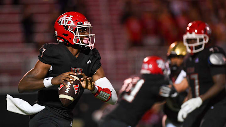 Vero Beach’s Champ Monds (7) passes the ball against Treasure Coast, Friday, Oct. 25, 2024, during the District 11-7A Championship. Vero Beach won 34-7.