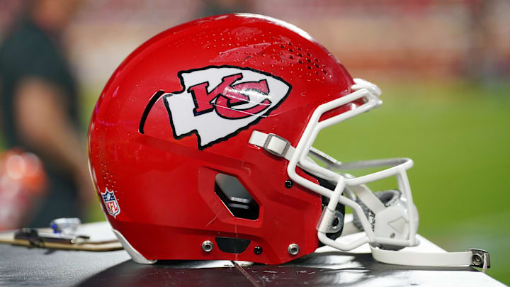 Aug 22, 2025; Kansas City, Missouri, USA; A general view of a Kansas City Chiefs helmet against the Chicago Bears during the first half of the game at GEHA Field at Arrowhead Stadium. Mandatory Credit: Denny Medley-Imagn Images